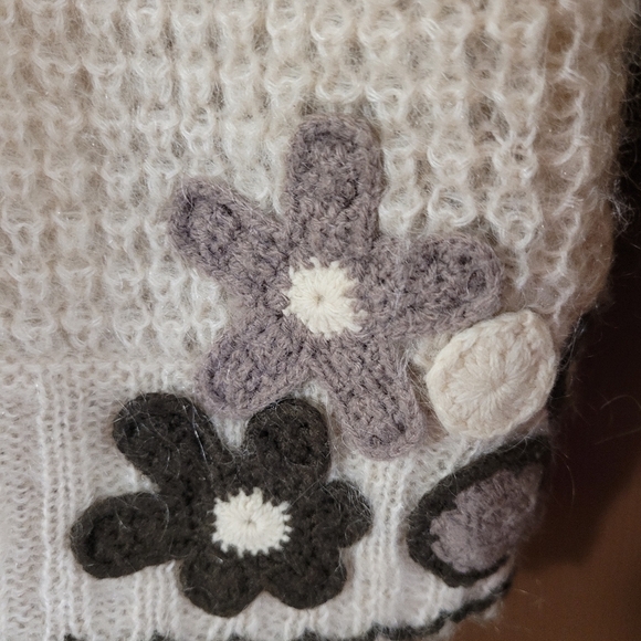 ♥️TallyHo mohair wool blend beige shawl collar crochet patch detail cardigan - Picture 6 of 9